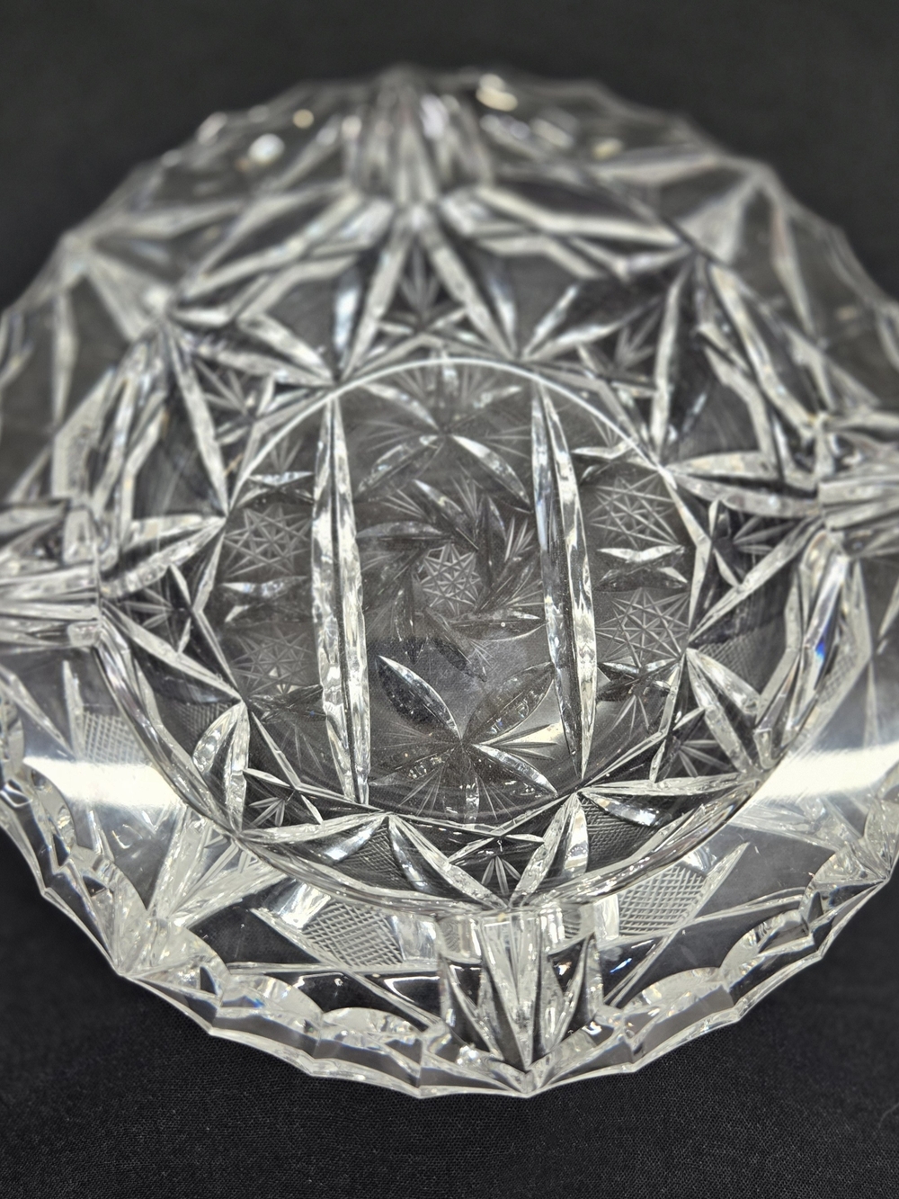 Vintage Heavy Cut-Crystal Ashtray – Intricate Pinwheel & Starburst Design